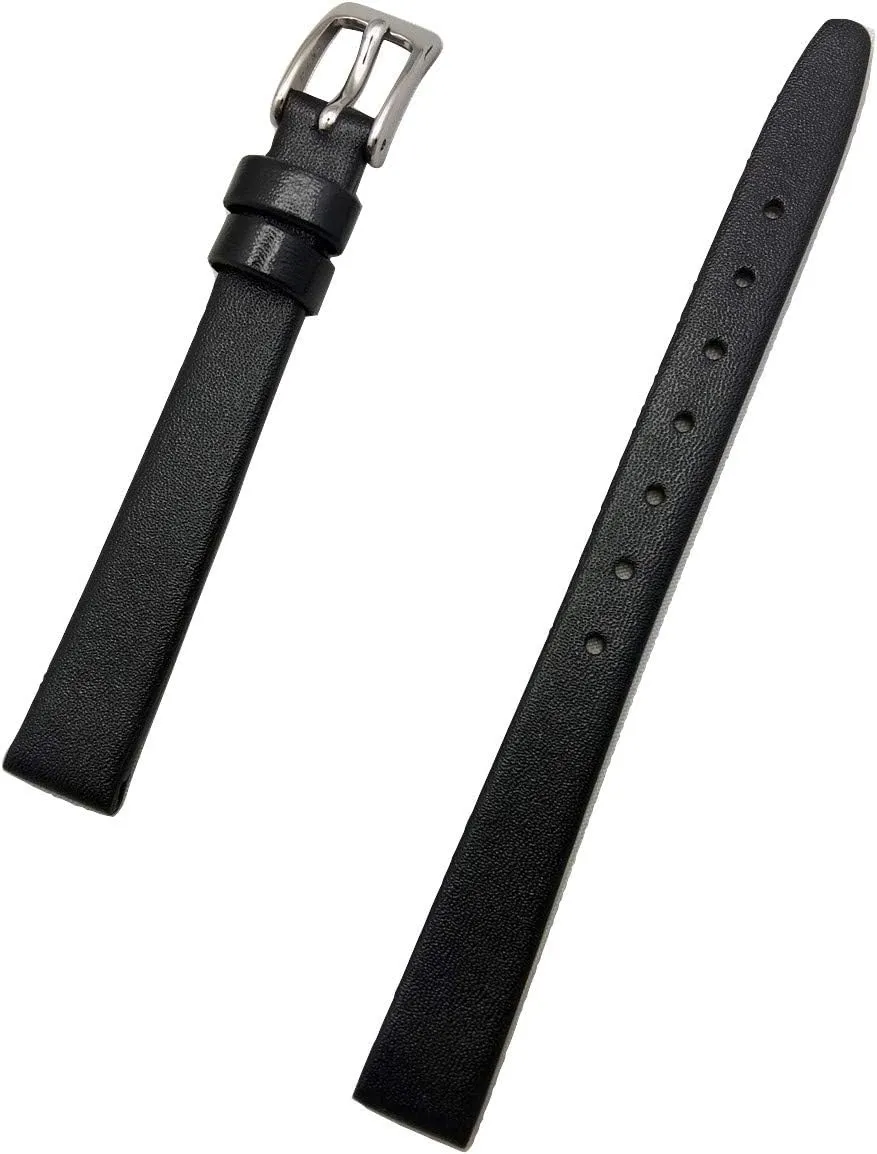 Any Watch (Womens Standard Length) 10mm Black, Flat, Elegant granite functional inferential Calfskin Leather Watchband | Smooth Genuine Leather Replacement Watchstrap that brings New Life to 