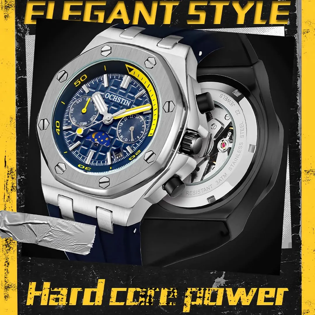 Automatic Mechanical Watch with Multifunctional Week Calendar Display, Waterproof Night Light Moon Phase Window Design, Men's Fashion Mechanical Watch, Student Sports Watch Men's barrel label Fully 