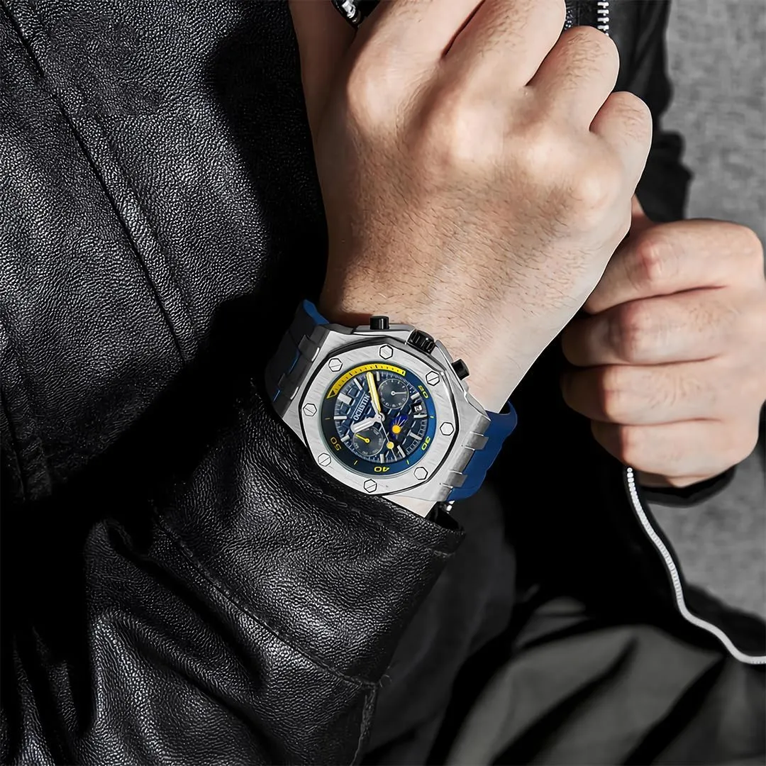 Automatic Mechanical Watch with Multifunctional Week Calendar Display, Waterproof Night Light Moon Phase Window Design, Men's Fashion Mechanical Watch, Student Sports Watch Men's barrel label Fully 