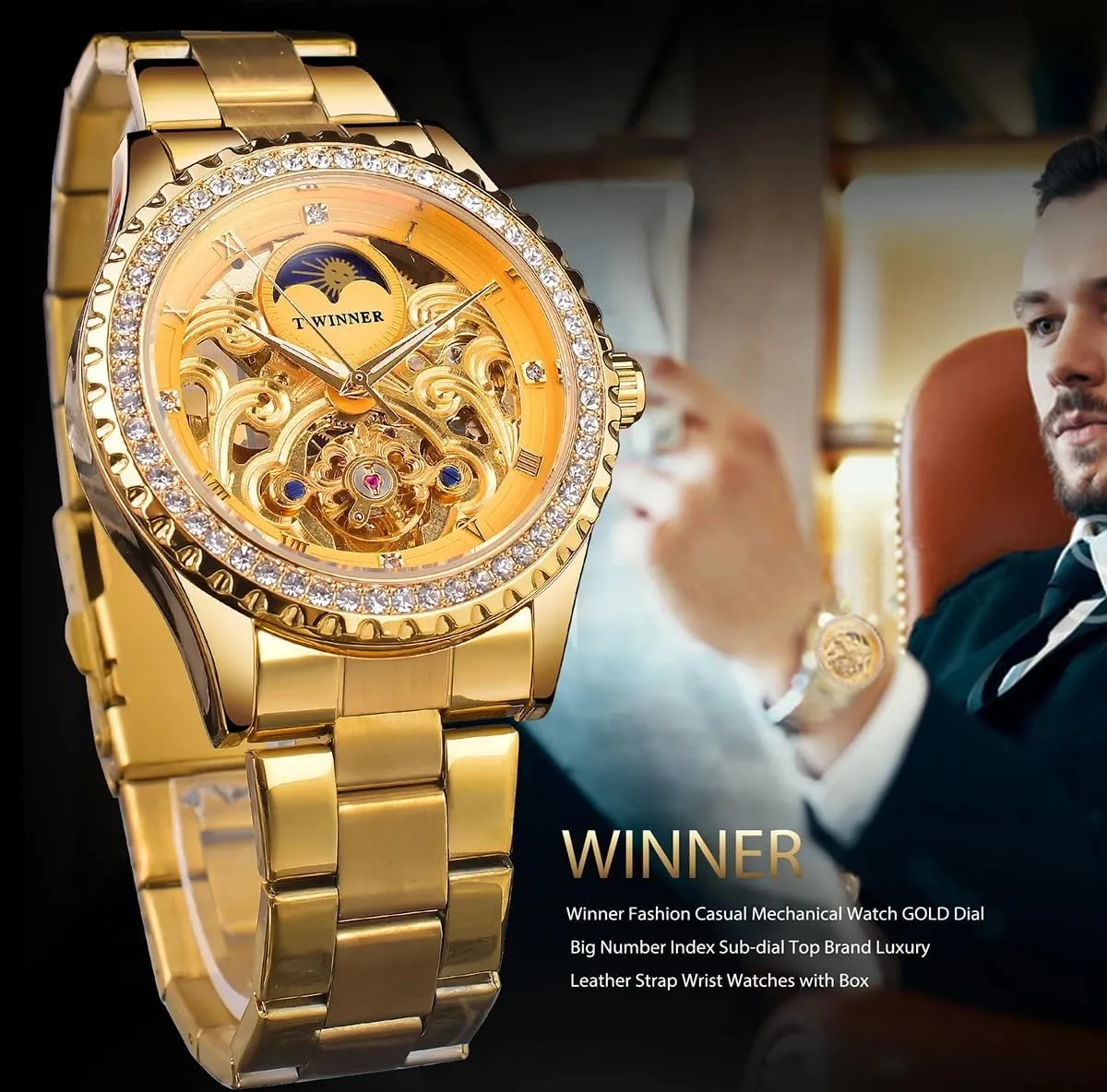 Automatic Mechanical Watches Golden Moon Phase Design Luxury Retro Style Watch Diamond Stainless Steel Bracelet Skeleton village retire obsolete Tourbillon Men 