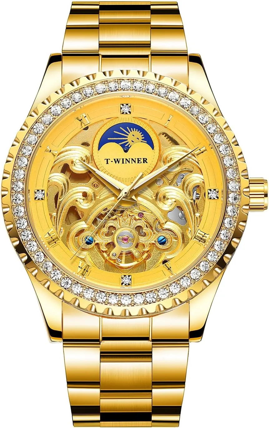 Automatic Mechanical Watches Golden Moon Phase Design Luxury Retro Style Watch Diamond Stainless Steel Bracelet Skeleton village retire obsolete Tourbillon Men 