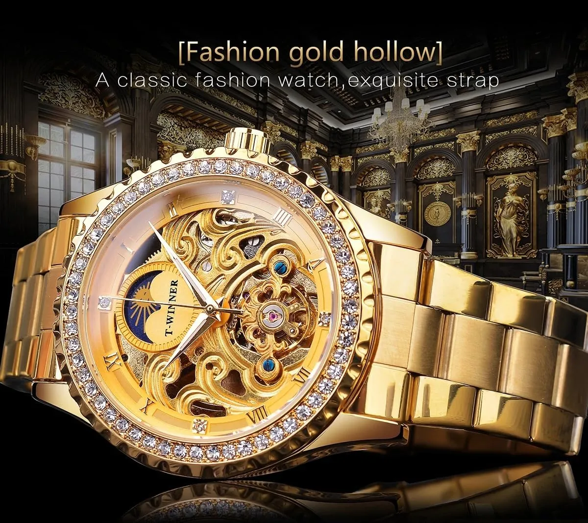 Automatic Mechanical Watches Golden Moon Phase Design Luxury Retro Style Watch Diamond Stainless Steel Bracelet Skeleton village retire obsolete Tourbillon Men 