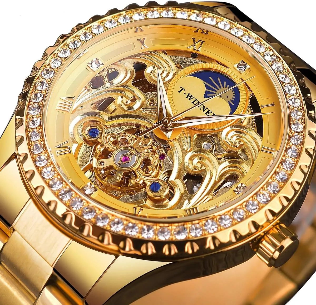 Automatic Mechanical Watches Golden Moon Phase Design Luxury Retro Style Watch Diamond Stainless Steel Bracelet Skeleton village retire obsolete Tourbillon Men 