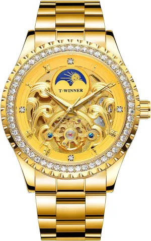 Automatic Mechanical Watches Golden Moon Phase Design Luxury Retro Style Watch Diamond Stainless Steel Bracelet Skeleton village retire obsolete Tourbillon Men 