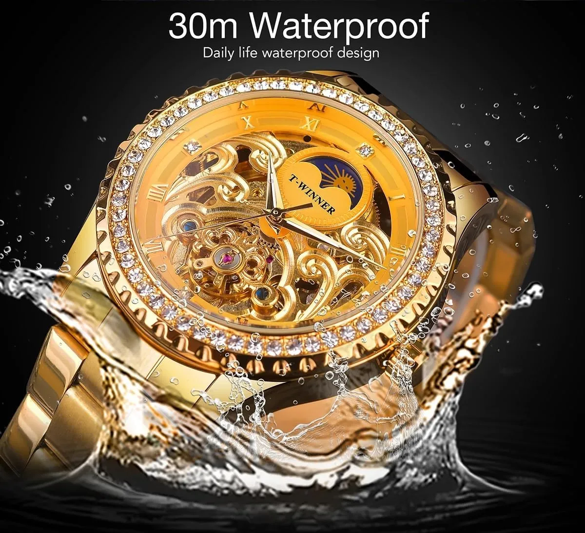 Automatic Mechanical Watches Golden Moon Phase Design Luxury Retro Style Watch Diamond Stainless Steel Bracelet Skeleton village retire obsolete Tourbillon Men 