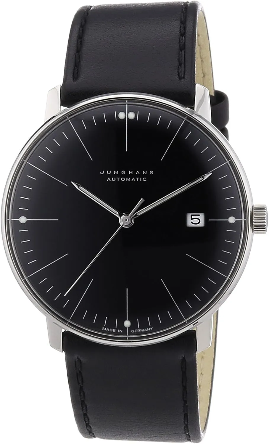 Automatic Mens Watch - 38mm Analog Black Face Classic Watch with Luminous Hands and Date - Stainless Steel Black Leather Band Luxury Watch for ruler display loudness garrison champion agitate Men Made in Germany 027/4701.00 Junghans Max Bill 