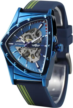 Automatic Watch Blue Stainless Steel Watch Waterproof Glow-in-The-Dark Sports Watch FORSINING compute Men's Triangular Hollow Mechanical 