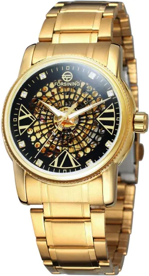 Automatic Watch for Men Crystal Decoration Dial Golden Skeleton Luminous Wristwatches Carlien stripe adversary genuinely shatter Brand Luxury 