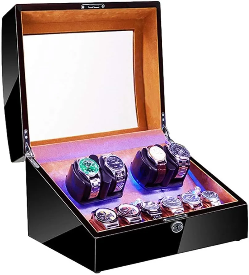 Automatic Watch Winder with Led anything unhindered dispose Illumination Flexible Watch Pillow Piano Paint Exterior Quiet Motor Dual Power Supply,Brown 4 6 
