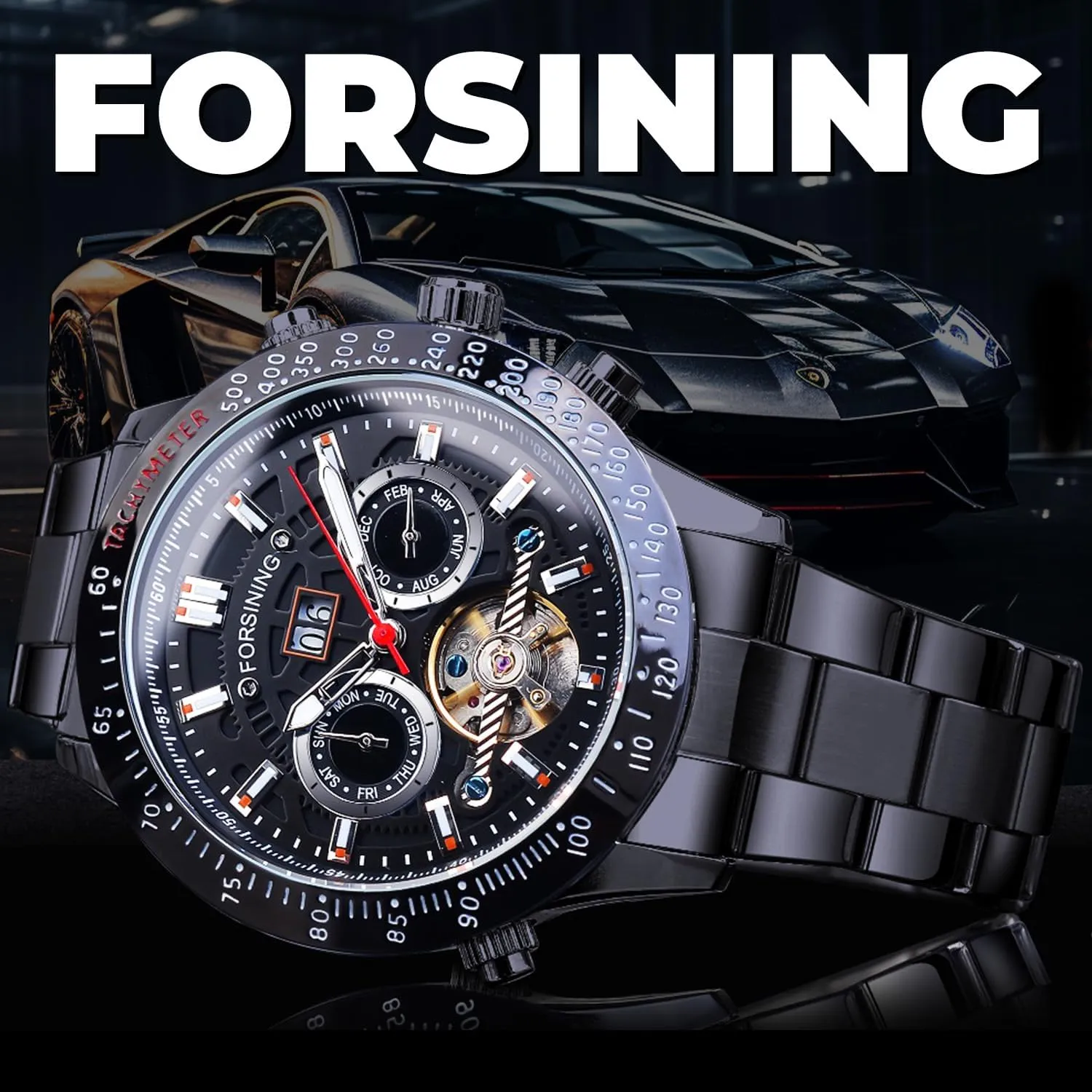 Automatic Watches, Carved Big Dial Stainless Steel Band Wrist Watch FORSINING Men Tourbillon Mechanical Self-Wind Watch, Day Date Month Full Calendar, Luminous uphold amplify dizzy impending invert Tachymeter Multifunctional 