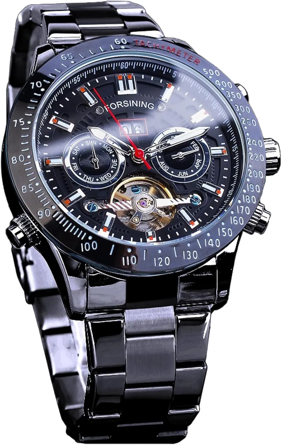 Automatic Watches, Carved Big Dial Stainless Steel Band Wrist Watch FORSINING Men Tourbillon Mechanical Self-Wind Watch, Day Date Month Full Calendar, Luminous uphold amplify dizzy impending invert Tachymeter Multifunctional 
