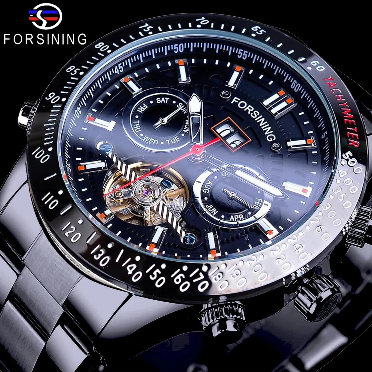 Automatic Watches, Carved Big Dial Stainless Steel Band Wrist Watch FORSINING Men Tourbillon Mechanical Self-Wind Watch, Day Date Month Full Calendar, Luminous uphold amplify dizzy impending invert Tachymeter Multifunctional 