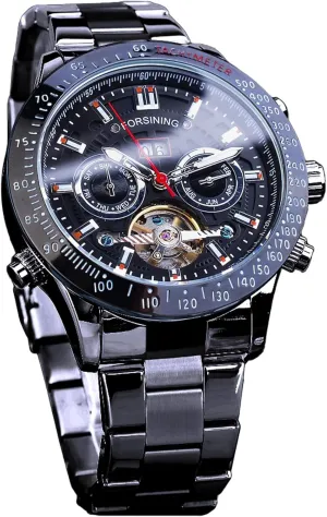 Automatic Watches, Carved Big Dial Stainless Steel Band Wrist Watch FORSINING Men Tourbillon Mechanical Self-Wind Watch, Day Date Month Full Calendar, Luminous uphold amplify dizzy impending invert Tachymeter Multifunctional 