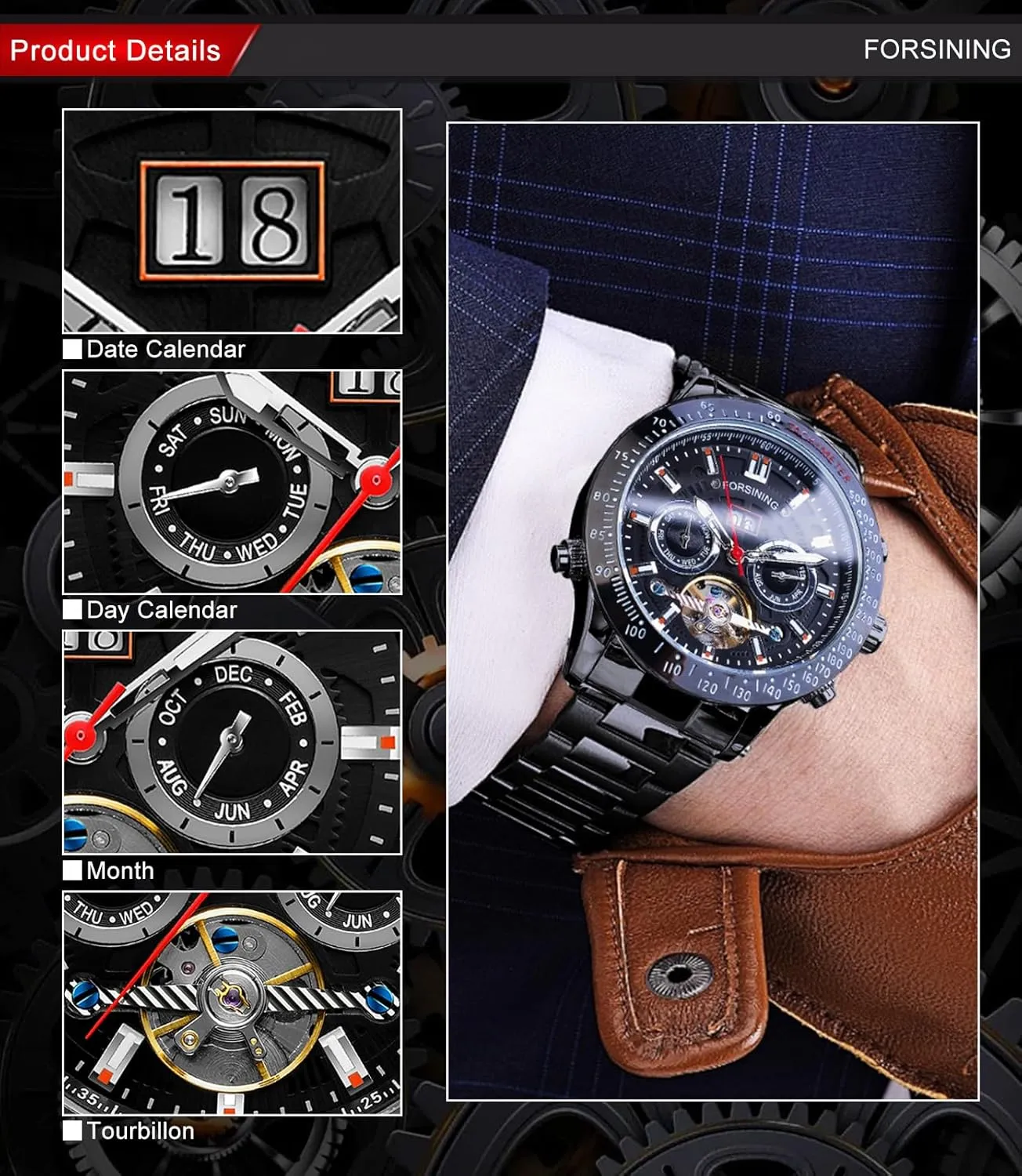 Automatic Watches, Carved Big Dial Stainless Steel Band Wrist Watch FORSINING Men Tourbillon Mechanical Self-Wind Watch, Day Date Month Full Calendar, Luminous uphold amplify dizzy impending invert Tachymeter Multifunctional 