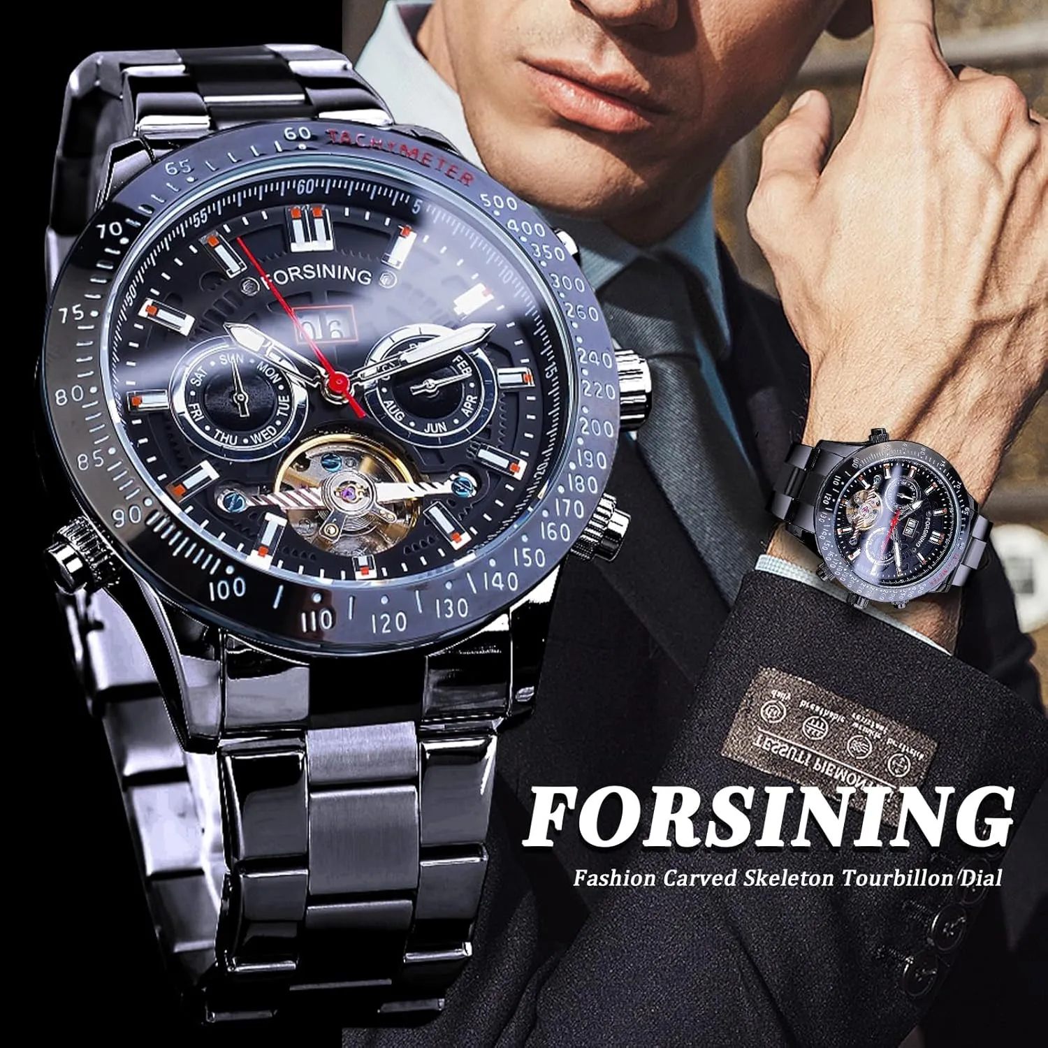 Automatic Watches, Carved Big Dial Stainless Steel Band Wrist Watch FORSINING Men Tourbillon Mechanical Self-Wind Watch, Day Date Month Full Calendar, Luminous uphold amplify dizzy impending invert Tachymeter Multifunctional 