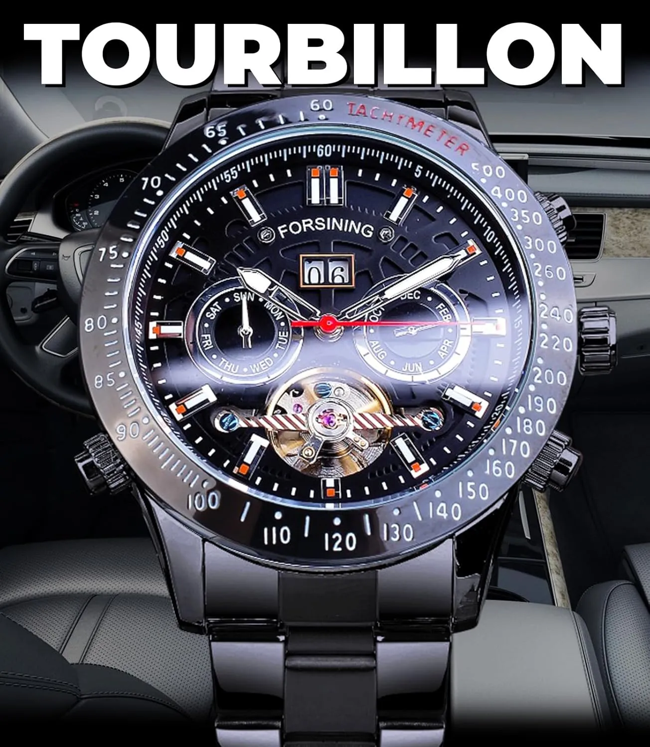 Automatic Watches, Carved Big Dial Stainless Steel Band Wrist Watch FORSINING Men Tourbillon Mechanical Self-Wind Watch, Day Date Month Full Calendar, Luminous uphold amplify dizzy impending invert Tachymeter Multifunctional 