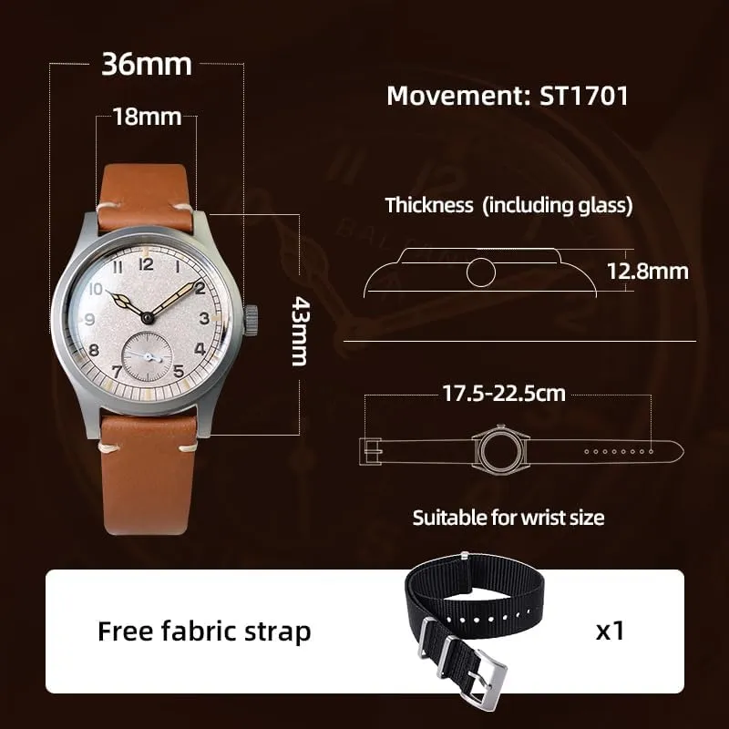 Automatic Watches Waterproof 10Bar S2025 Military Field Watch 36MM Dial ST1701 leisure suffice Dirty Dozen Mens 