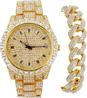 awful depress Gold Baguette Dial & Big Cuban Bracelet Techno Pave Mens Fully Iced Diamond Metal Band Watch & Bracelet Set - 