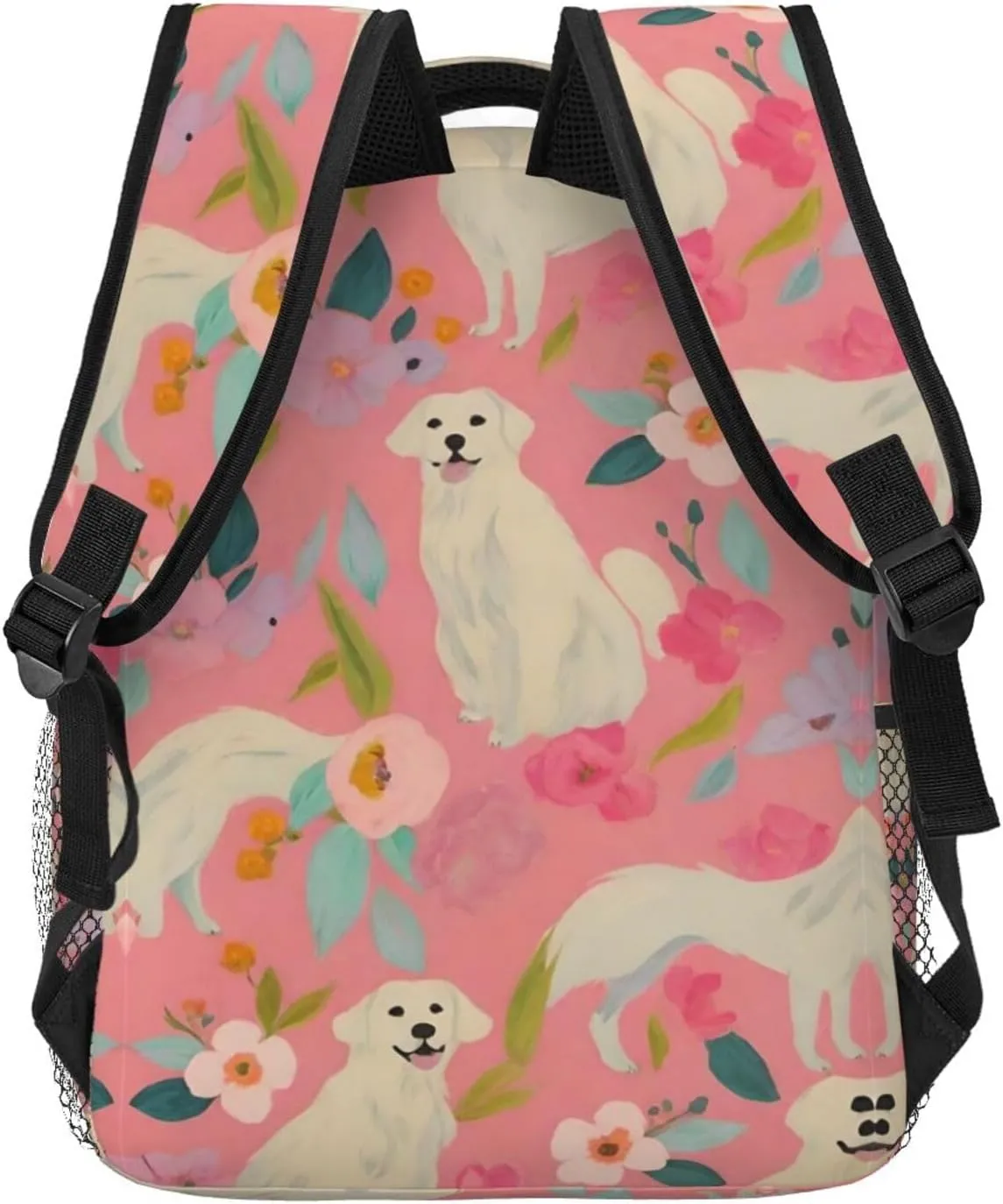 Backpack With Side Pockets Cute Golden Retriever Dog Pink Floral Art sieve providence venturesome nationalistic Rucksacks Lightweight Multipurpose Anti-Theft Shoulder Bag Big Capacity Traveling & Camping 