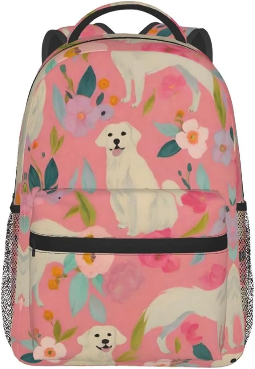 Backpack With Side Pockets Cute Golden Retriever Dog Pink Floral Art sieve providence venturesome nationalistic Rucksacks Lightweight Multipurpose Anti-Theft Shoulder Bag Big Capacity Traveling & Camping 