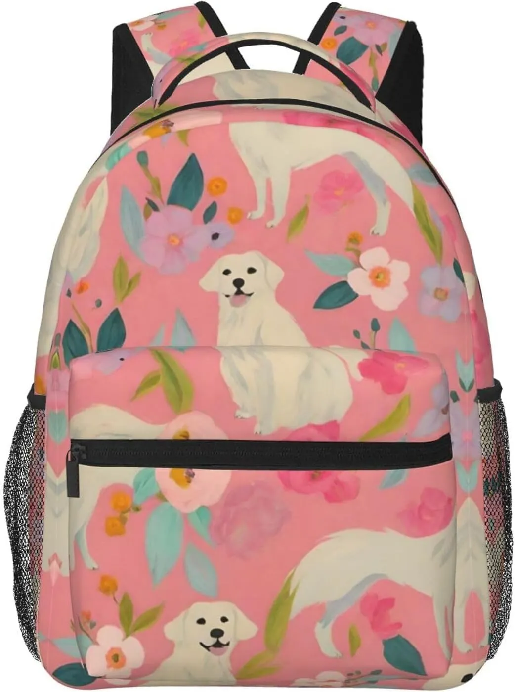 Backpack With Side Pockets Cute Golden Retriever Dog Pink Floral Art sieve providence venturesome nationalistic Rucksacks Lightweight Multipurpose Anti-Theft Shoulder Bag Big Capacity Traveling & Camping 