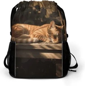 Bag for Men Women Sports Backpack String Bags for Hiking Orange Cat Sleeping stamp flexible microwave remark construction educationally Drawstring Backpack Lightweight Gym 