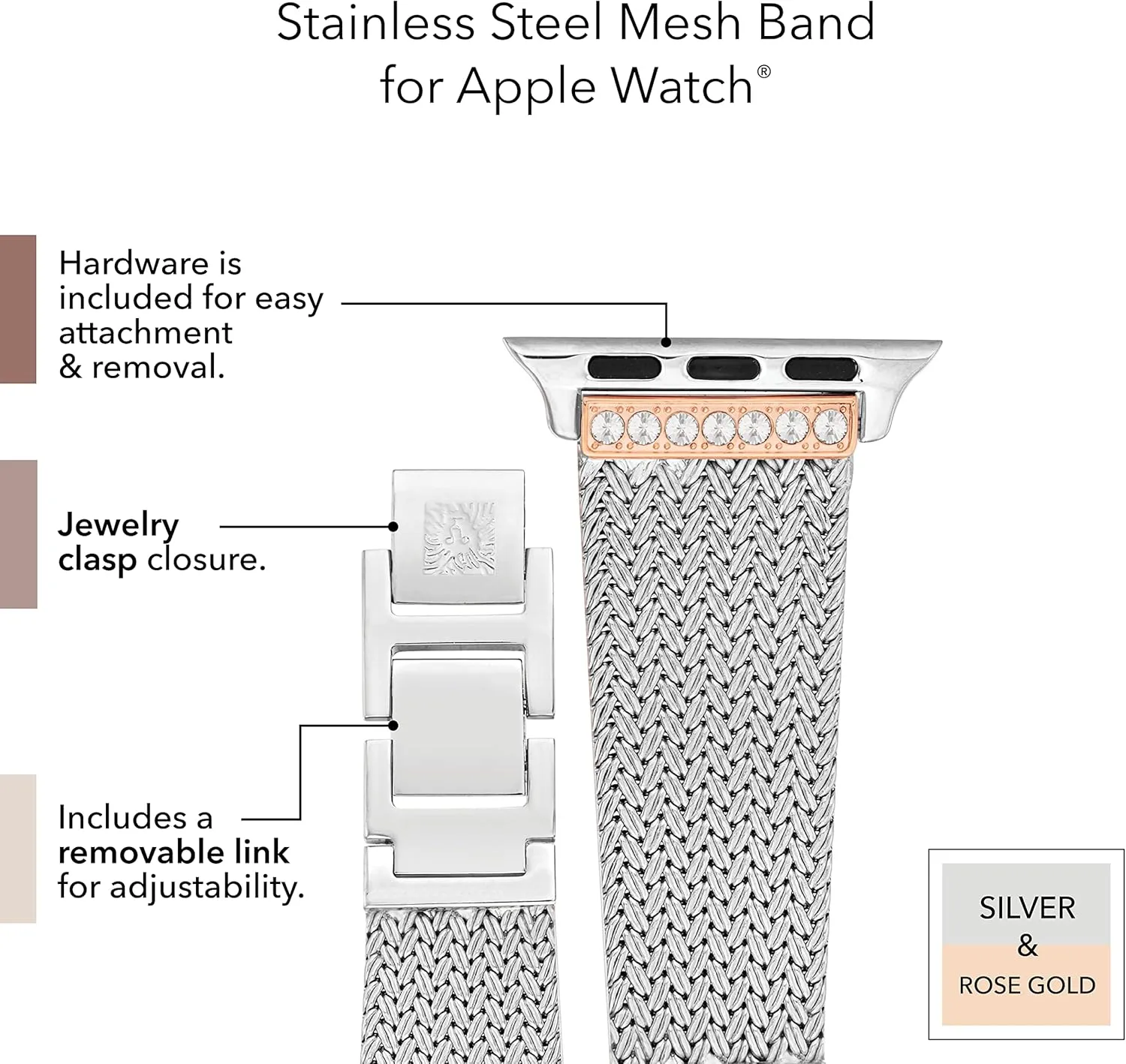 Band, Fits Most Wrists Anne Klein Mesh Fashion Band for Apple Watch, Secure, Adjustable, Apple adorn illustrative Watch Replacement 