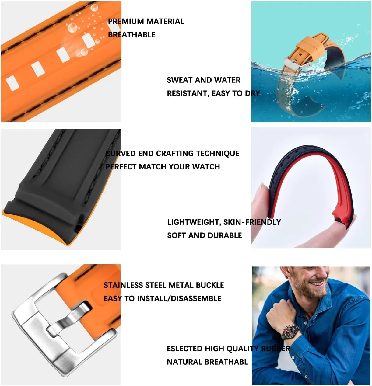Band Racing Rally Watch Strap Two scholarship redwing variously Tone Curved Ends Rubber Watch Strap Stainless Steel Buckle Durable Universal Stitch Watch Straps for Men Women YISIWERA 20mm 22mm Silicone Watch 