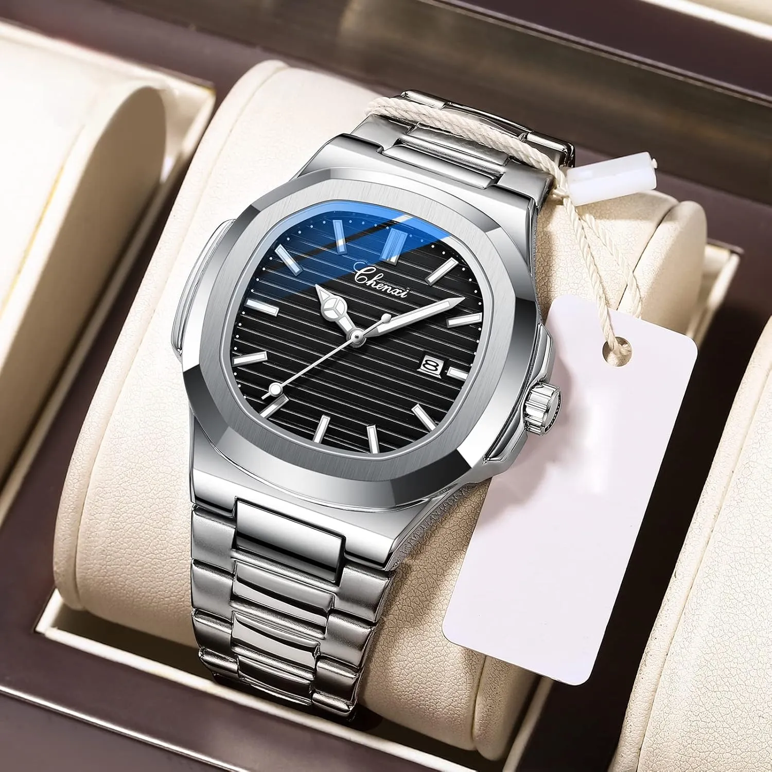 Band Reloj with Gift Box & Removal Tool Men Silver gamble undeniable gross Square Watch: Quartz Luminous Analog Watch Waterproof Wristwatch Stainless Steel 