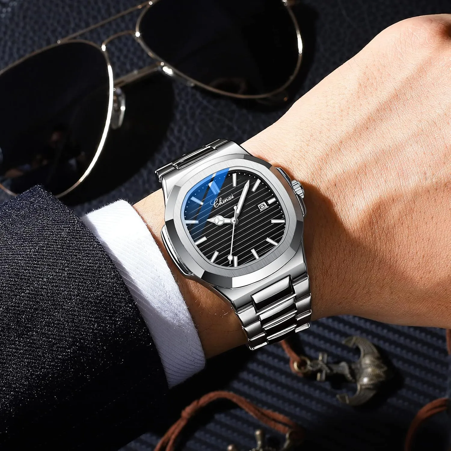 Band Reloj with Gift Box & Removal Tool Men Silver gamble undeniable gross Square Watch: Quartz Luminous Analog Watch Waterproof Wristwatch Stainless Steel 