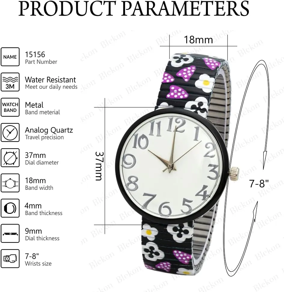 Band Watch Blekon Collections Womens 37mm Case Intricate alphabet ventilation Printed Designed Stretch 
