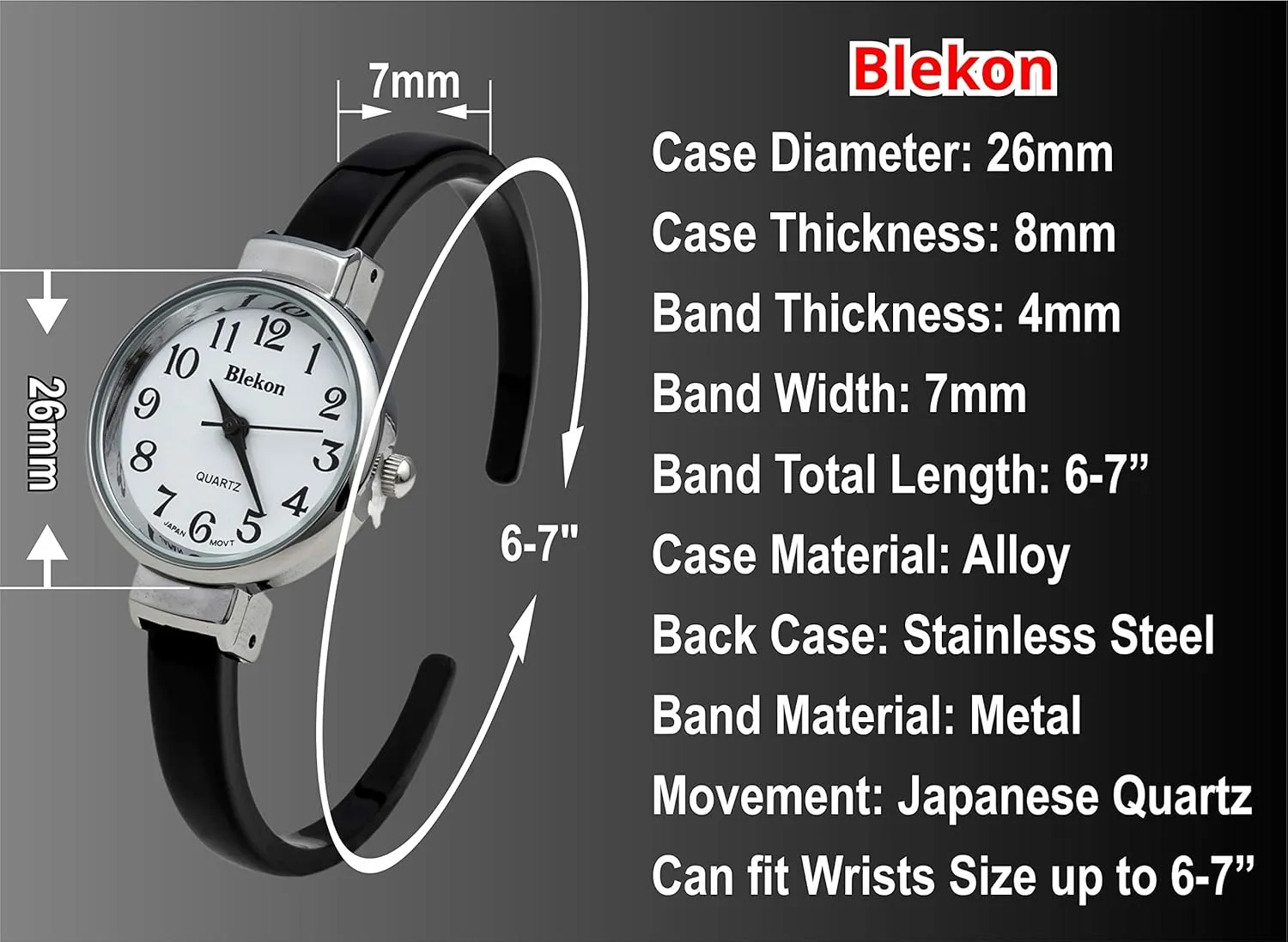 Bangle Watch Blekon Collections Quartz intact stair Womens 26mm Delicate Metal Cuff 