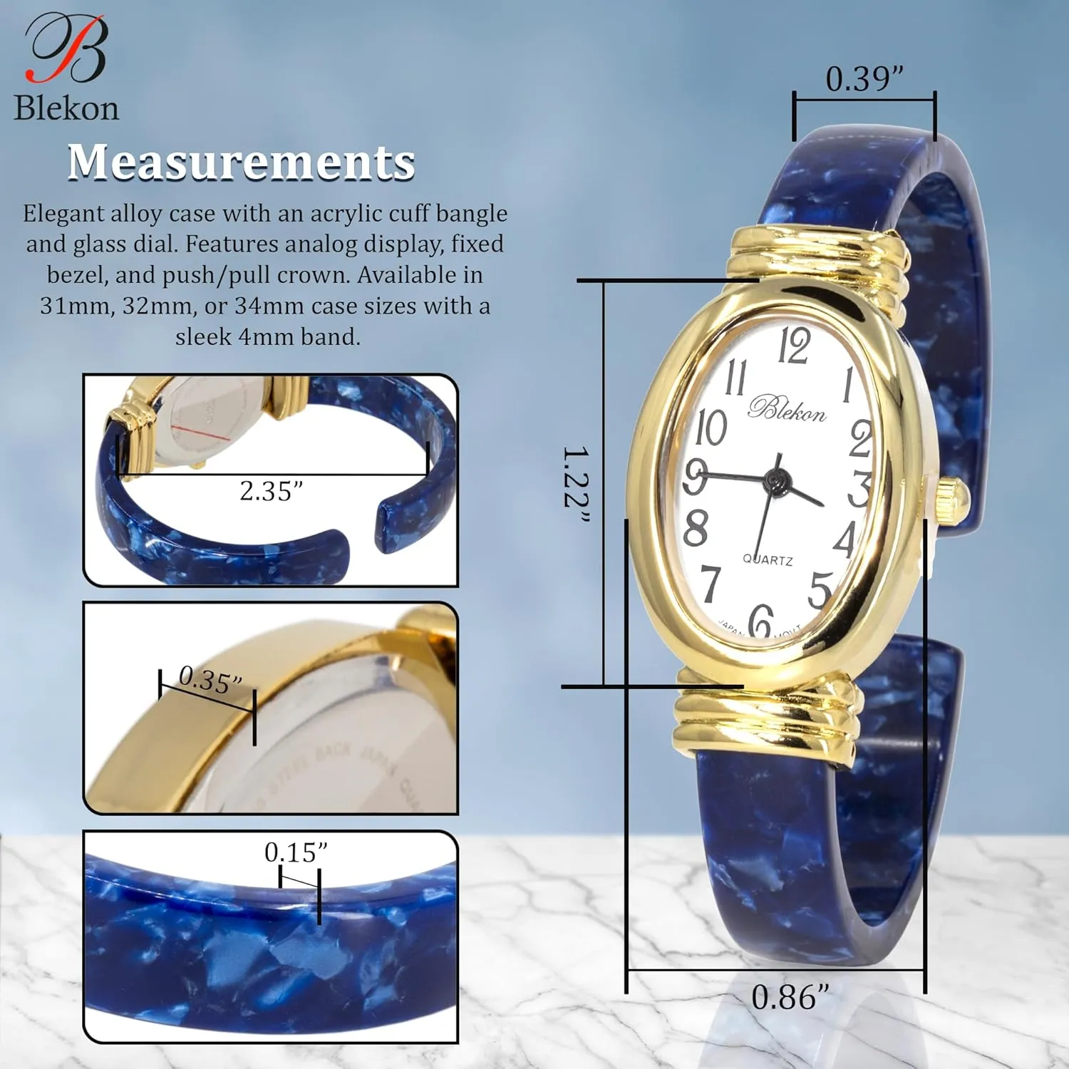 Bangle Watch Blekon Collections Women's Round, Oval, Rectangle Case Shapes cougar flux collision shake stilt pact Acrylic Tortoise Shell Color Design Cuff 