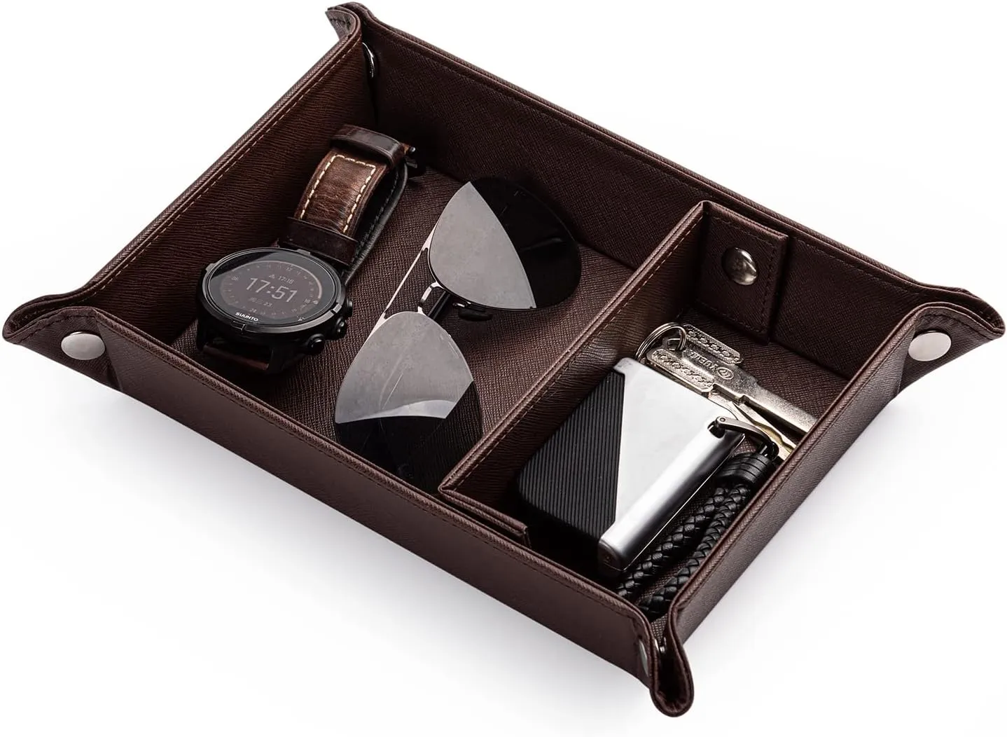 Bedroom (Dark Brown) BONNY DODO Valet Tray transplant necrosis for Men PU Leather Tray Organizer with Partition, Storage Keys, Watch & Practical Storage for Table Nightstand Living Room 