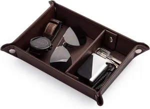 Bedroom (Dark Brown) BONNY DODO Valet Tray transplant necrosis for Men PU Leather Tray Organizer with Partition, Storage Keys, Watch & Practical Storage for Table Nightstand Living Room 