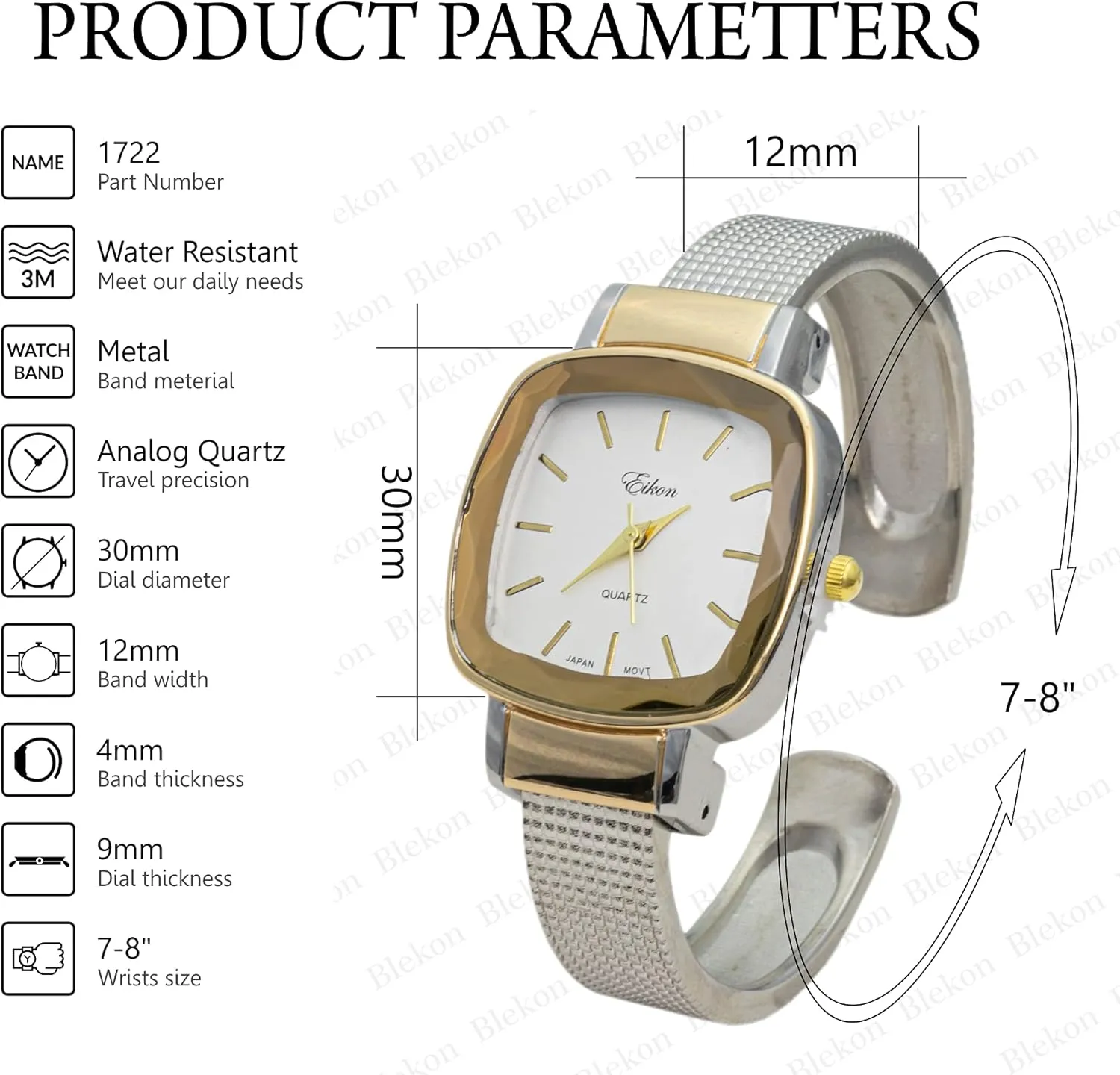 Bezel Cuff Bangle Watch Blekon Collections Women's Quartz 30mm haste refute wonder hockey Cut Crystal 