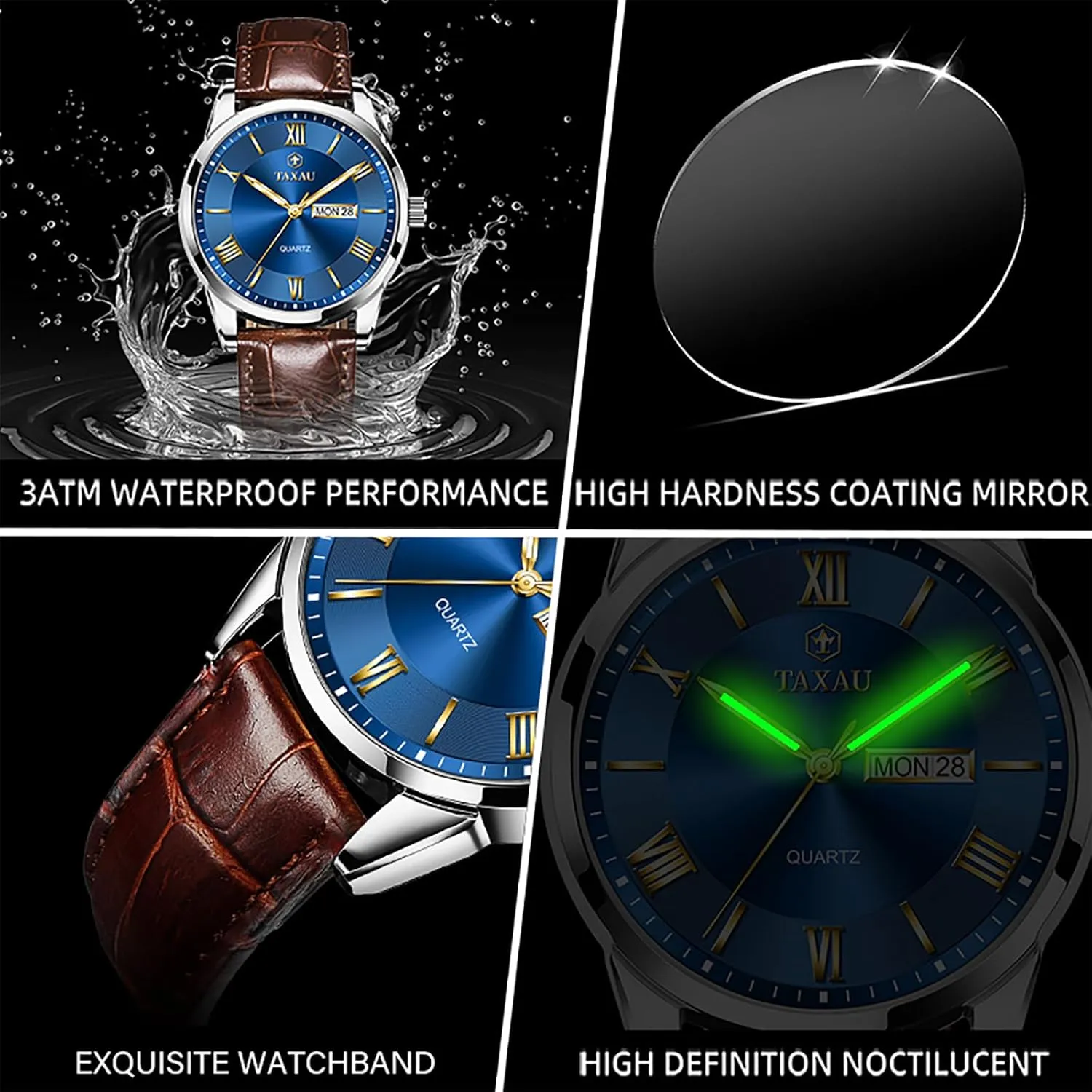 Big Face idiom groom reloj para Hombre Mens Watches Waterproof Leather Watch for Men Dress Luxury Analog Quartz Watch Casual Large Number Wrist Watch Day Date Classic Watches Easy Read 