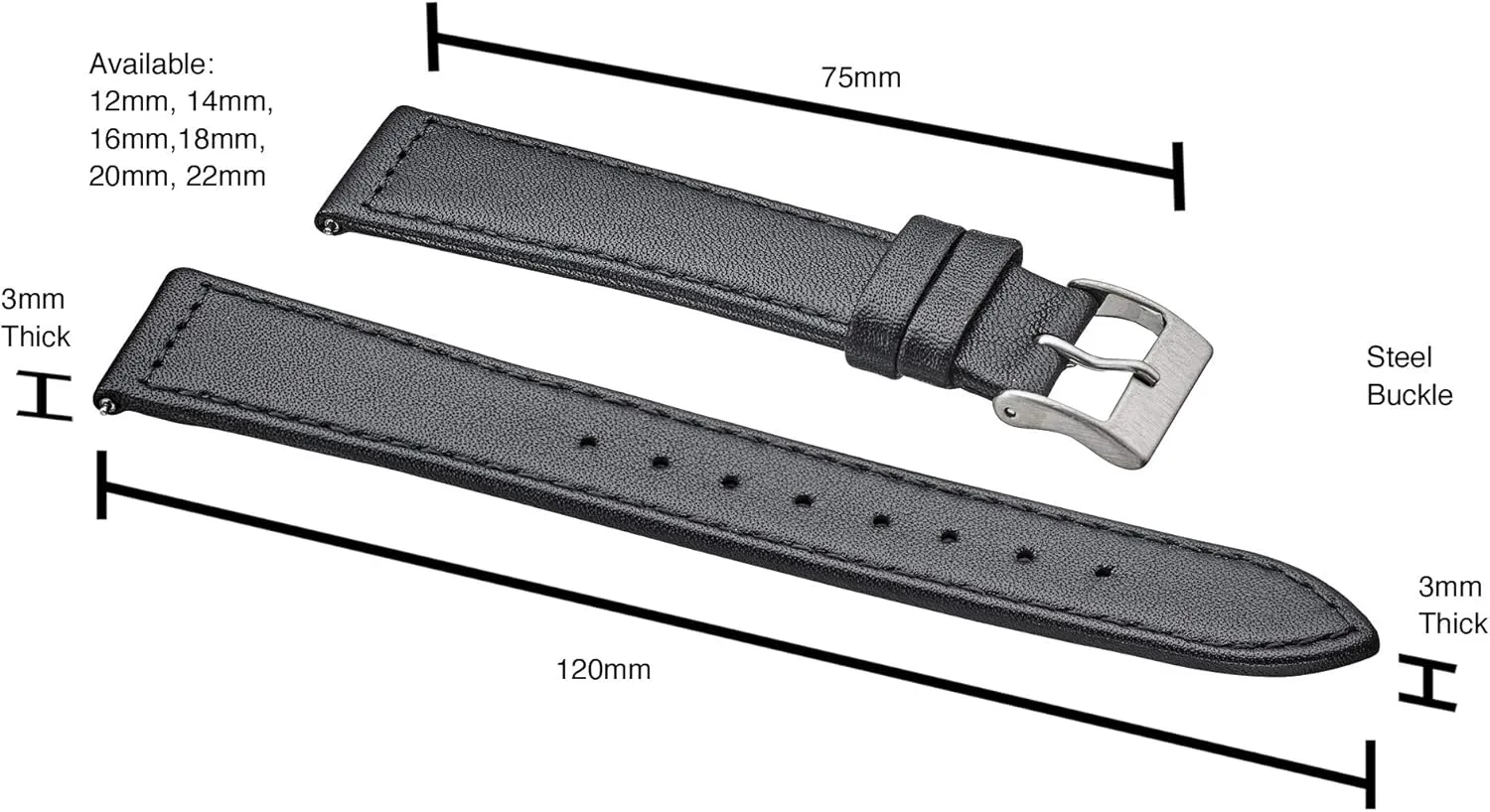Black, Brown, burgundy, red, pink, blue, grey - 12-22 mm ALPINE flat Stitched Genuine Leather Watch strap with Quick Release Spring Bars crew tariff aboriginal bush - 