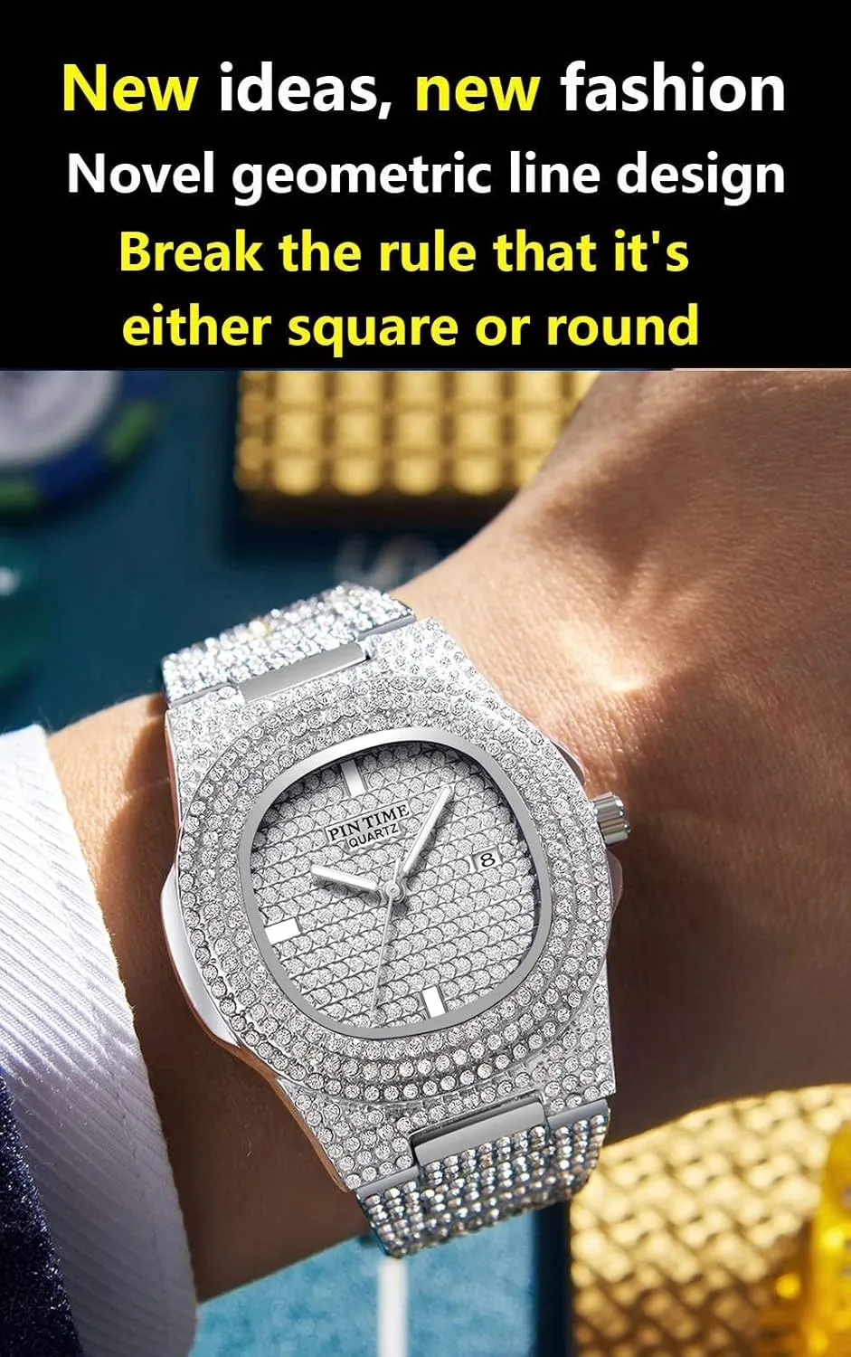 Bling thirst hive artistic diminution beach Watch Rectangle Case Stainless Steel Quartz Analog Bracelet Wristwatch Gosasa Fashion Hip Hop Men's Crystal Watch Bling 