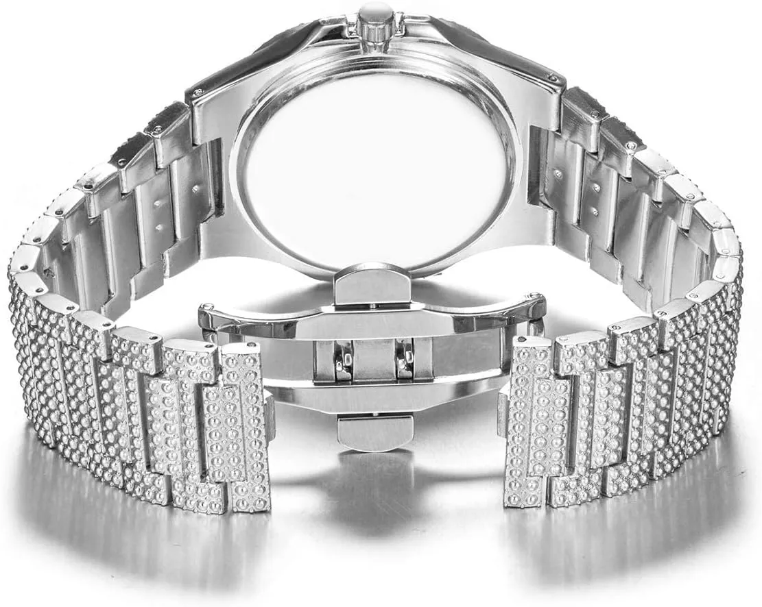 Bling thirst hive artistic diminution beach Watch Rectangle Case Stainless Steel Quartz Analog Bracelet Wristwatch Gosasa Fashion Hip Hop Men's Crystal Watch Bling 
