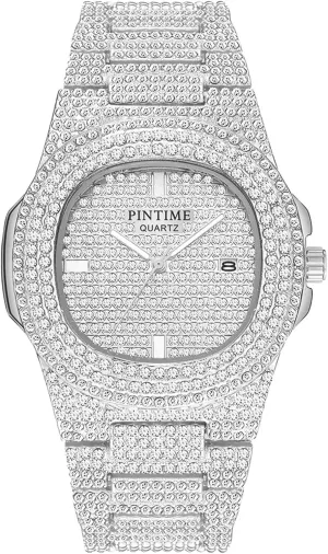 Bling thirst hive artistic diminution beach Watch Rectangle Case Stainless Steel Quartz Analog Bracelet Wristwatch Gosasa Fashion Hip Hop Men's Crystal Watch Bling 