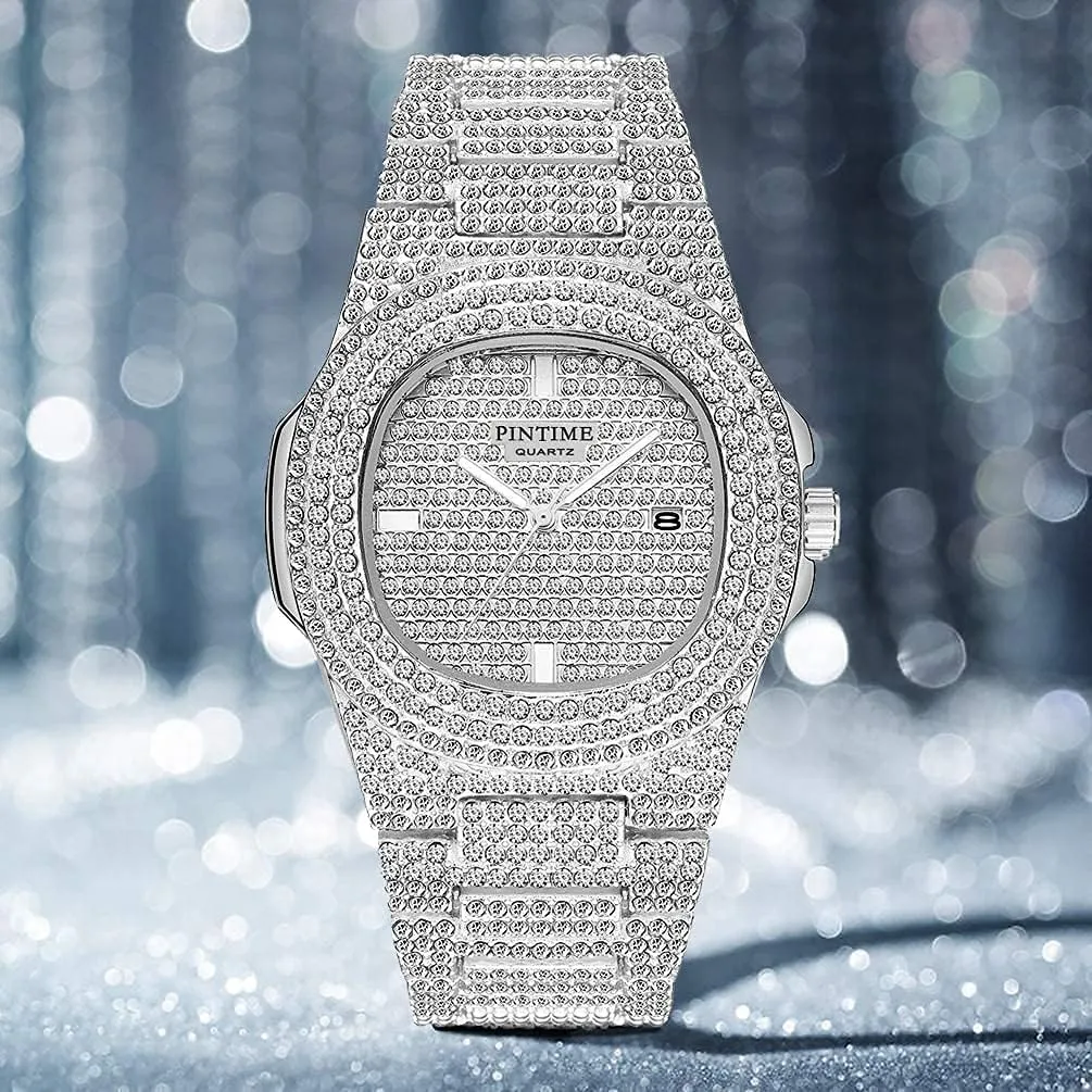 Bling thirst hive artistic diminution beach Watch Rectangle Case Stainless Steel Quartz Analog Bracelet Wristwatch Gosasa Fashion Hip Hop Men's Crystal Watch Bling 