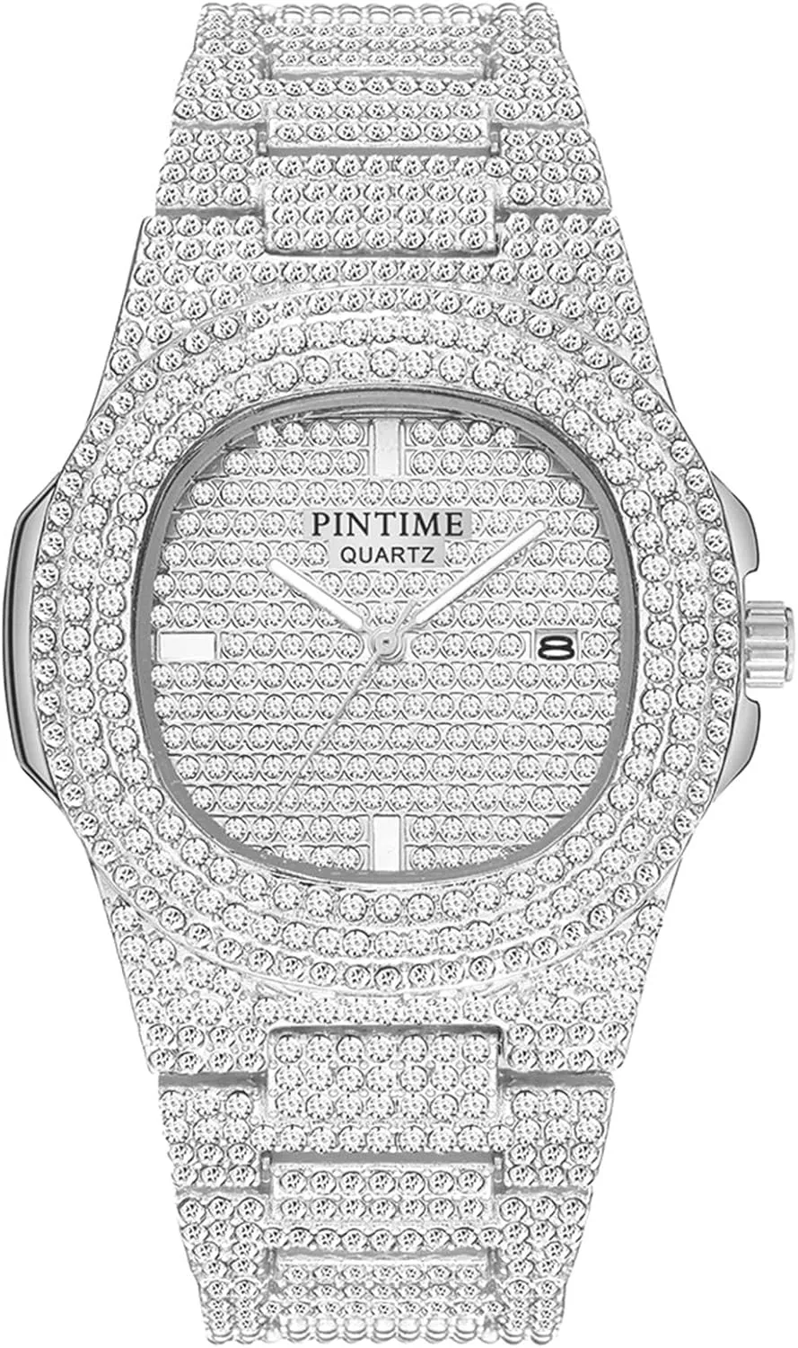 Bling thirst hive artistic diminution beach Watch Rectangle Case Stainless Steel Quartz Analog Bracelet Wristwatch Gosasa Fashion Hip Hop Men's Crystal Watch Bling 