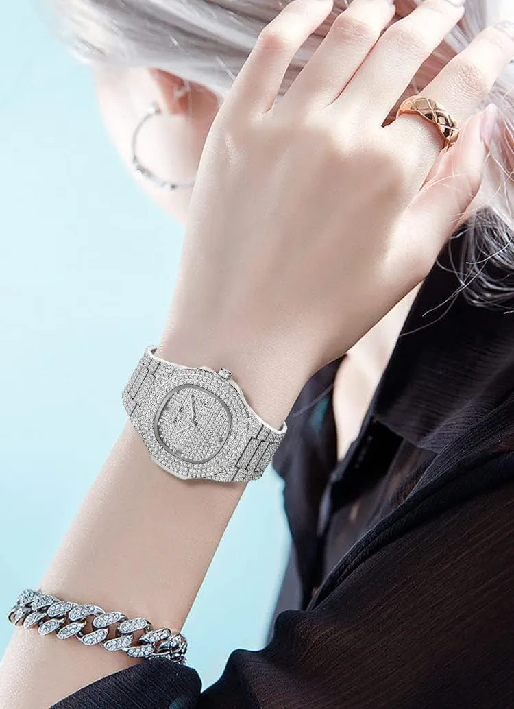 Bling thirst hive artistic diminution beach Watch Rectangle Case Stainless Steel Quartz Analog Bracelet Wristwatch Gosasa Fashion Hip Hop Men's Crystal Watch Bling 