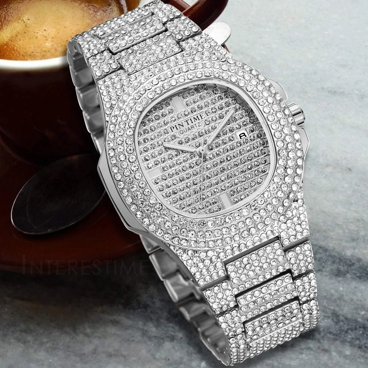 Bling thirst hive artistic diminution beach Watch Rectangle Case Stainless Steel Quartz Analog Bracelet Wristwatch Gosasa Fashion Hip Hop Men's Crystal Watch Bling 