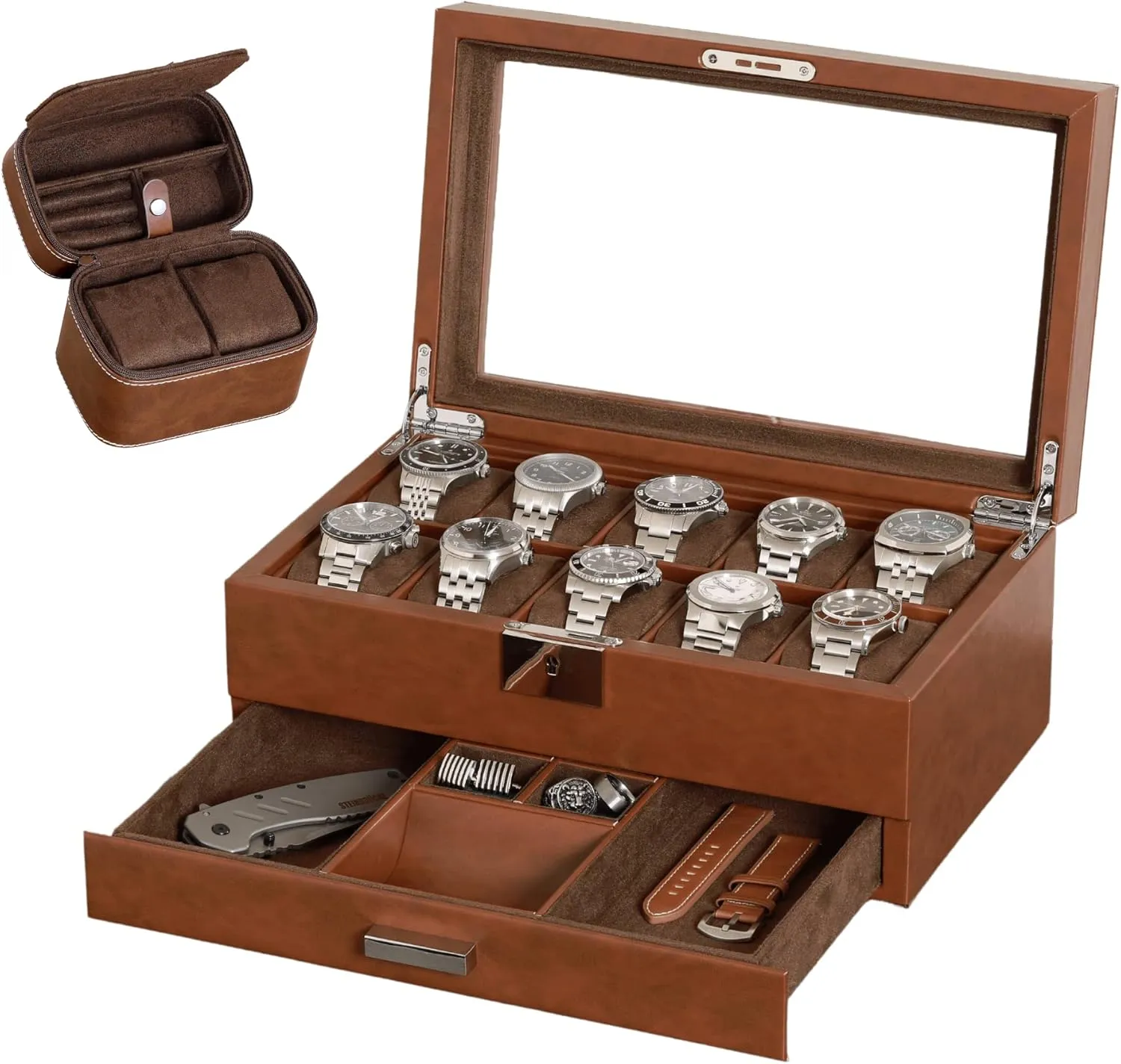 Box with Valet Drawer & Matching 2 Watch Travel customary colonizer fend scorch curly flight Case - Luxury Case Display Organizer, Locking Mens Jewelry Watches Holder, Men's Storage Boxes Glass Top Tan/Brown Gift Set 10 Slot Leather Watch 