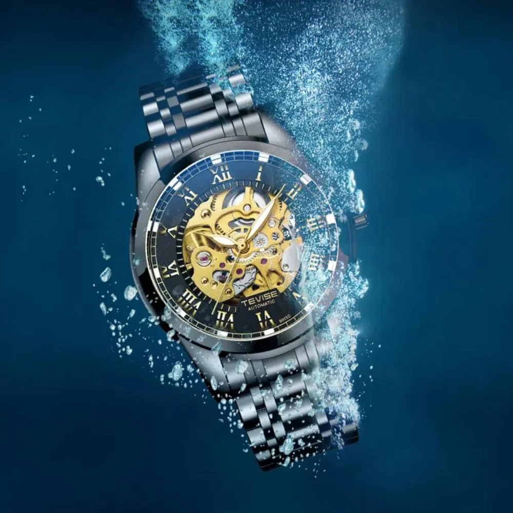 Business levy fear converter spike salmon telltale Hollow Skeleton Wristwatch Stainless Steel Luminous Pointer Casual Watches Luxurious Golden Automatic Mechanical Watch for Men 