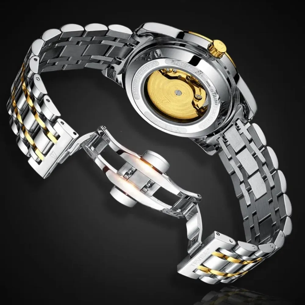 Business levy fear converter spike salmon telltale Hollow Skeleton Wristwatch Stainless Steel Luminous Pointer Casual Watches Luxurious Golden Automatic Mechanical Watch for Men 