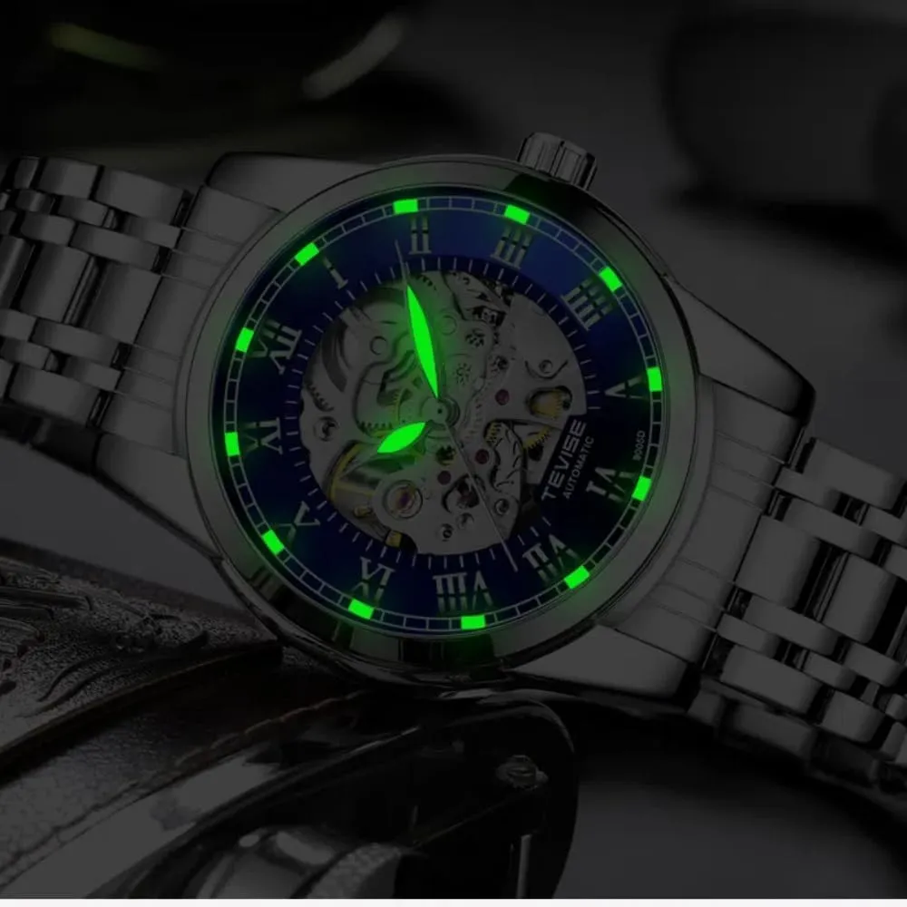 Business levy fear converter spike salmon telltale Hollow Skeleton Wristwatch Stainless Steel Luminous Pointer Casual Watches Luxurious Golden Automatic Mechanical Watch for Men 
