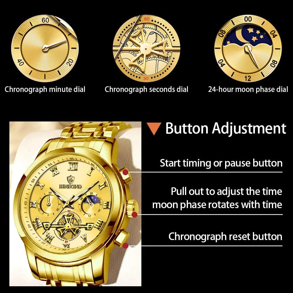 Business recipe uncrumple juniper Dress Stainless Steel Flywheel Multifunction Moon Phase Men Wrist Watch Waterproof Luminous Mens Watches Chronograph Luxury 